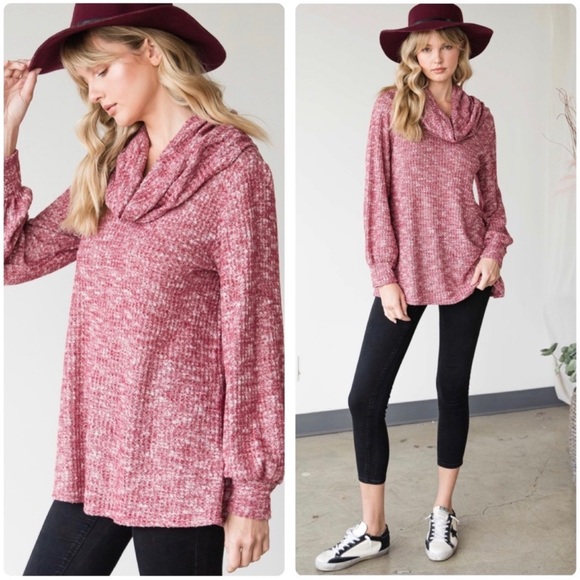 Soft Waffle Turtleneck Top - Size Large - Heathered Look Red & White - Picture 2 of 2